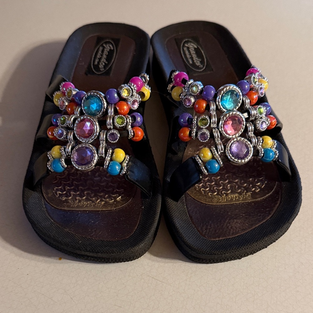 Chatties Black Sandals with Colorful Gem Embellishments
